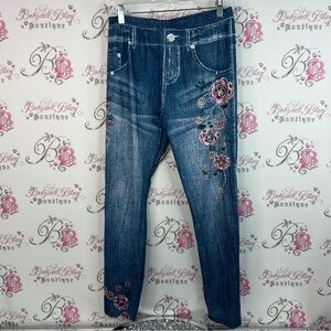 Tights leggings denim look floral flowers jeans. Embroidered Blue Jeans